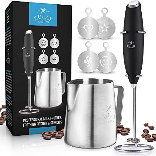 Zulay High Powered Milk Frother COMPLETE SET - Handheld Foam Maker for Lattes - Great Whisk Drink Mixer for Bulletproof® Coffee, Mini Blender and Foamer Perfect for Cappuccino, Frappe, Matcha, Hot Chocolate by Milk Boss - Includes Frother, Coffee Decorating Stencils and Frothing Cup.