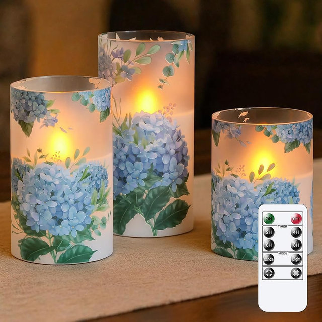 Vtobay Blue Hydrangea Flameless LED Pillar Candles with Remote, Pack of 3 Glass Shell Flickering Electric 3D Wick Warm Light Real Wax Battery Operated Fake Timer Lighting, 3" x 4" 5" 6" Home Decor