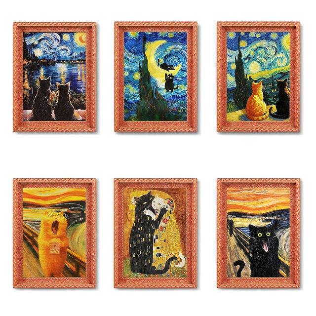 Funny Cat Famous Painting Fridge Magnets 3D Wood Magnet Starry Sky Art Frame Designs Decorations for Refrigerator Garage Door Kitchen Removable Indoor Outdoor Magnetic Decals 6Pcs