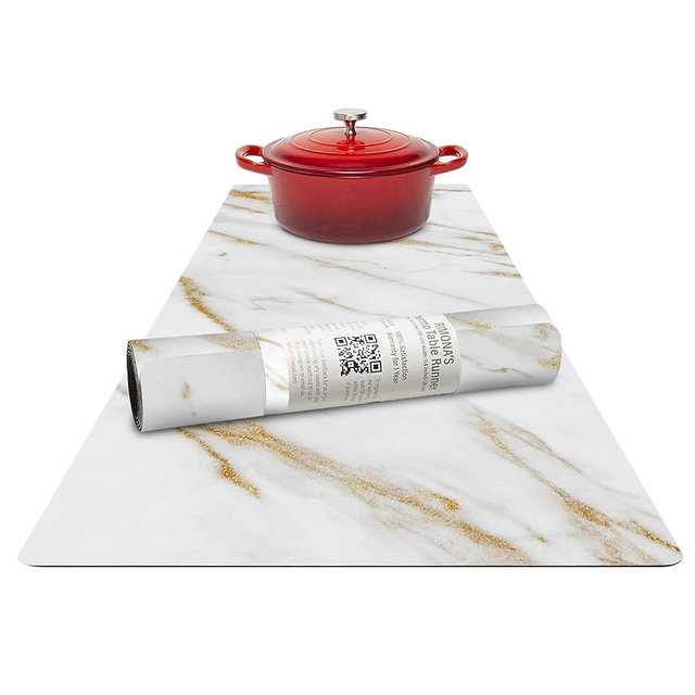 RIMONA'S Thermo Heat Resistant Table Runner and Trivet for Hot Dishes - Waterproof Hot Plates to Protect Table and Countertop - Kitchen & Dining 350F Heat Protector 40" - White Golden Marble