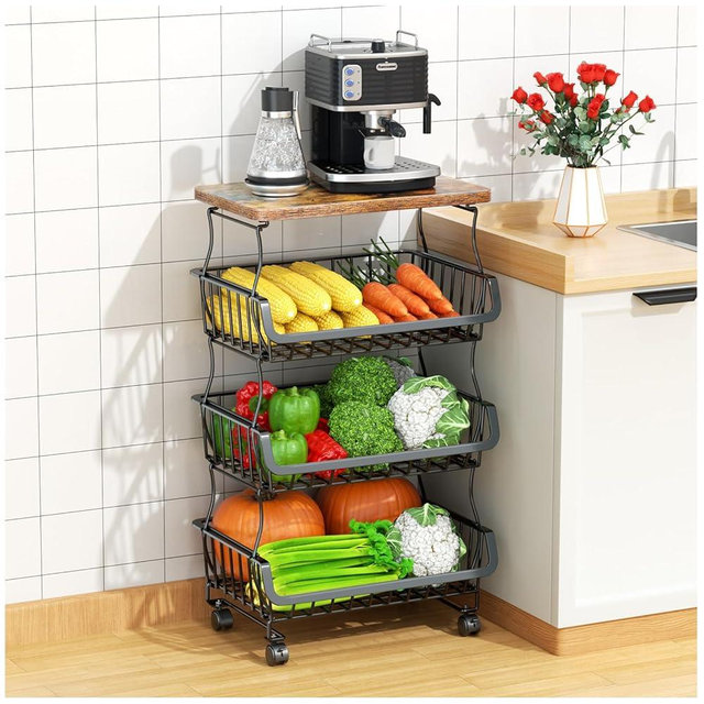 Gsiekare Fruit Vegetable Basket for Kitchen, 4 Tier Stackable Fruit Vegetable Storage Baskets with Wheels, Metal Wire Storage Basket Organizer Baskets for Kitchen, Pantry, Bathroom