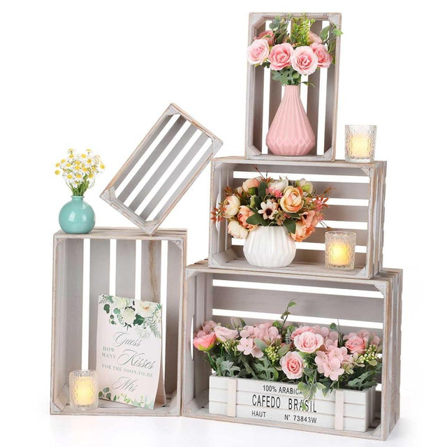 Soaoo 5 Pcs Decorative Nesting Wooden Crates for Storage Display 5 Size Large Small Rustic Wood Decorative Storage Crates with Handle Farmhouse Crate Box Container Made from Pine(Vintage Gray)