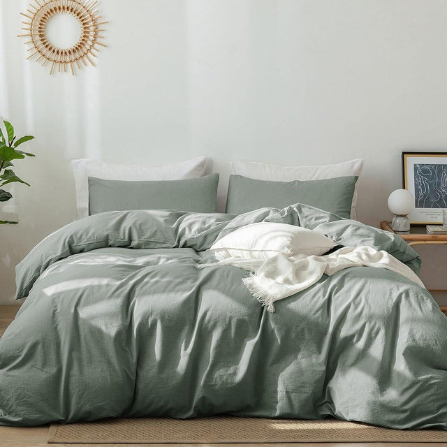 MooMee Bedding Duvet Cover Set 100% Washed Cotton Linen Like Textured Breathable Durable Soft Comfy (Heathered Green, Oversized Queen 98"x98")