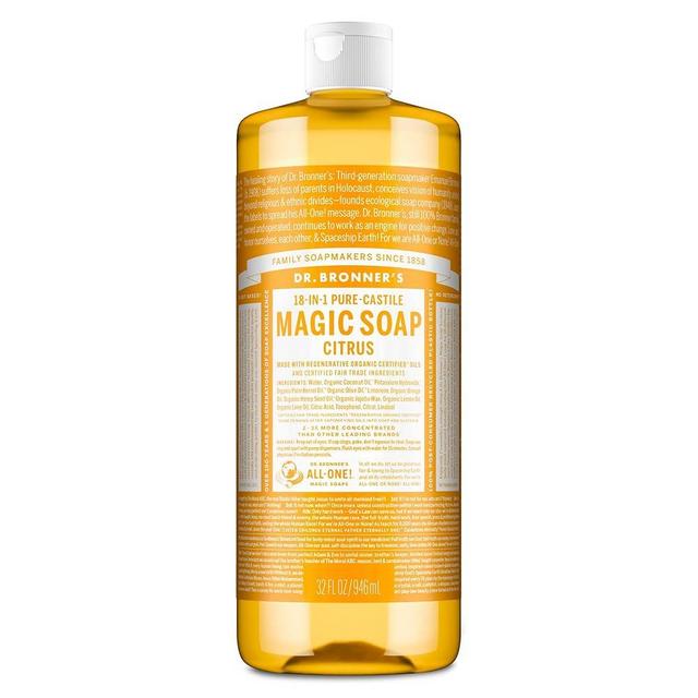 Dr. Bronner's Pure-Castile Magic Soap Liquid (Citrus, 32 Ounce - Made with Regenerative Organic Certified Oils, 18-in-1 Uses: Face, Body, Hair, Laundry, Pets and Dishes, Concentrated, Vegan, Non-GMO