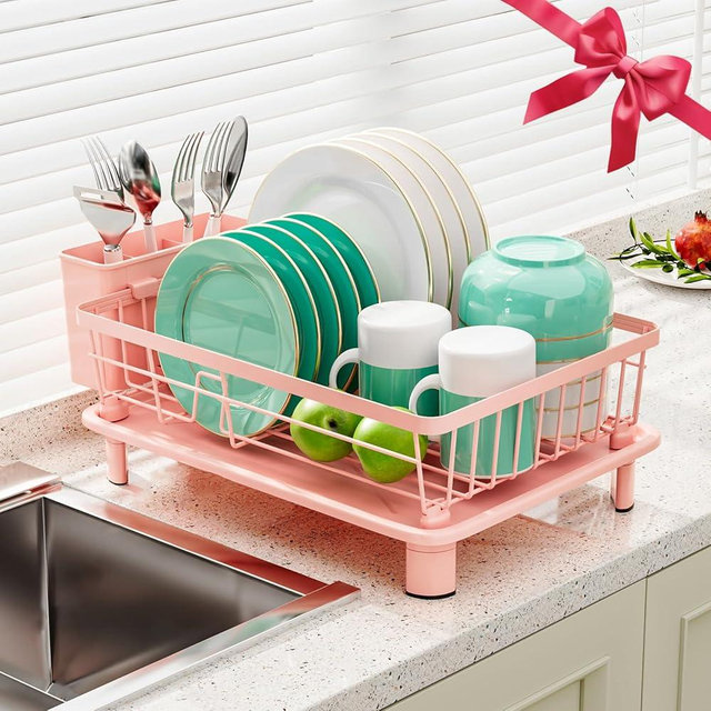 GAOKASE Dish Drying Rack, Space-Saving Dish Rack, Dish Racks for Kitchen Counter, Kitchen Dish Drainers with Removable Utensil Holder,Plate Rack and Drainboard, 11''W x 15''L, Pink
