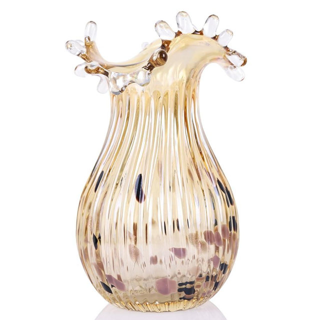Hand Blown Glass vase with Amber Glass Art Deco, Unique Amber Glass Wide Mouth vase for Table top Coffee Table Table Centerpiece Wedding Table Centerpiece Decorative Glass vase.