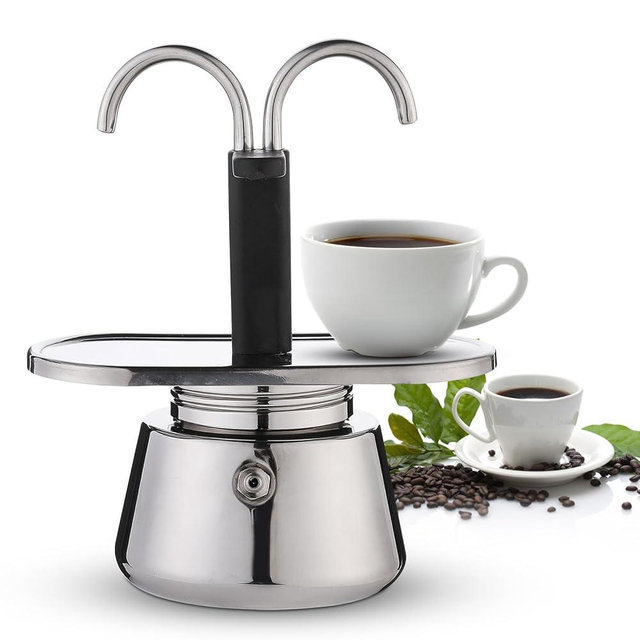 Pilipane Stainless Steel Thickened coffee Pot, Stovetop Double Spout coffee Maker, 100ml Moka Pot, Coffee Machine for Making Espressoes Cappuccino Latte, Home, Camping
