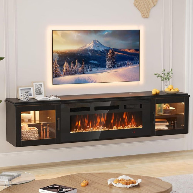 Nordivale 70" Floating TV Stand with 36" Electric Fireplace, High Gloss Finish Wall Mounted Fireplace Entertainment Center with Storage for TVs Up to 80", Black TV Stand and Black Fireplace