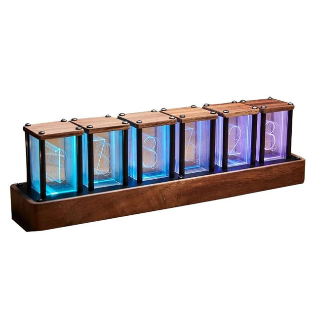 Adventurers Nixie Tube Clock , Cool Clock, Retro Wooden Shell /LED Full Color Custom RGB and 12/24h Display,Decorate Room