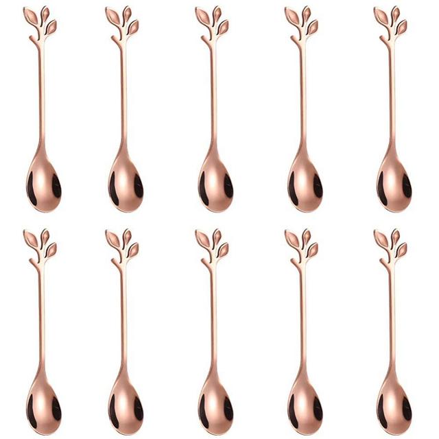 Stainless Steel Rose Gold Leaf Coffee Spoon-AnSaw 10 Pcs 4.7'' Creative Tableware Dessert Spoons, Stirring, Mixing, Sugar, Stir, Ice Cream, Cake, Teaspoon Set(Rose Gold-10Spoon)