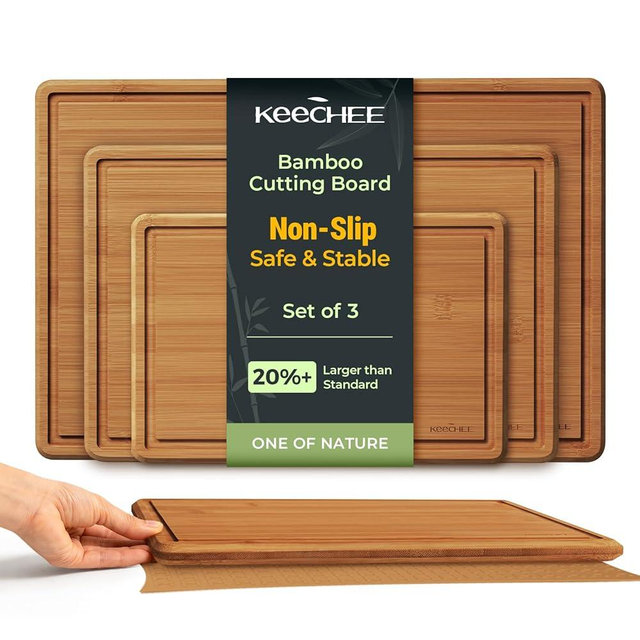 Keechee Bamboo Cutting Board with Non-slip Mat, Cutting Boards for Kitchen Meal Prep & Serving - Wood Serving Board Sets with Deep Juice Groove Ideal Kitchen Gifts