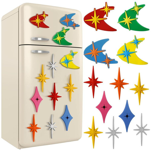 Hoolerry 12 Pcs Midcentury Modern Fridge Magnets Vintage Starburst Refrigerator Magnets Atomic Moon Star Retro Refrigerator Kitchen Decor for 1960s 50s Home Office MCN Decoration(Elegant Style)