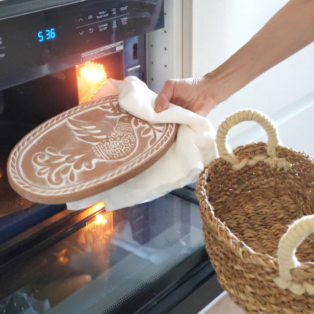 Housewarming Gift Handmade New Home Gift Unique Wedding Gift For Her Baking Bread Warmer Ceramic Warming Stone Wicker Basket [Bird Oval]