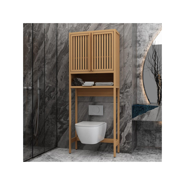 64.76" Tall Bamboo Toilet Storage Rack with 1 Open Shelves and 2 Doors for Bathroom/Laundry Room, Natural 4A - ModernLuxe
