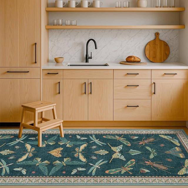 Hazo Haus Brown and Green Kitchen Sink Runner Rug 2x6 - Teal Boho Bathroom Rugs for Entrance Indoor, Insect Print Floral Vintage, Washable Non Skid Stain Resistant
