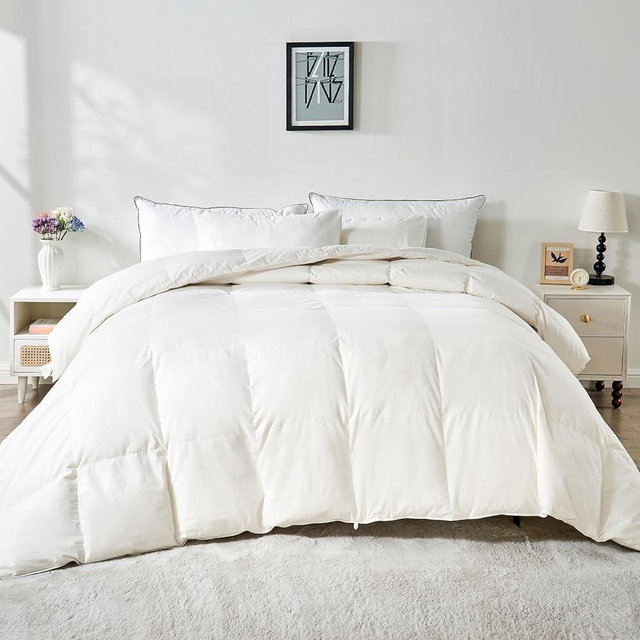 KUSNUG 100% Organic Cotton Feather & Down Fibers Comforter Oversized Queen Size, All-Season Hotel-Style Hypoallergenic Duvet Insert, Ivory White 98x98 Inch