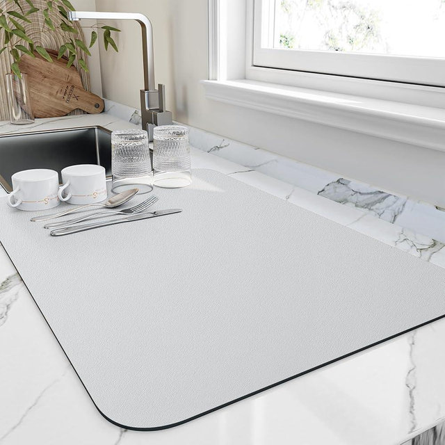 HotLive Dish Drying Mat for Kitchen Counter, Heat Resistant Drainer Mats with Non-slip Rubber Backed, Hide Stain Kitchen Super Absorbent Draining Mat, Easy to Clean Dish Rack Pad, Light Grey 18"x28"