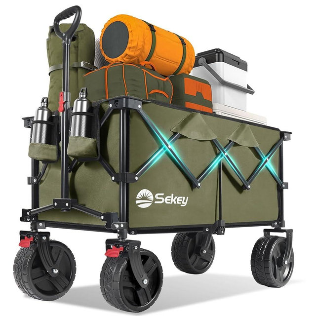 Collapsible Wagon Cart with Big All-Terrain Beach Wheels, Foldable Heavy Duty Wagons with Cup Holders, Utility Carts for Camping, Garden, Outdoor, Grocery, Sports. Khaki