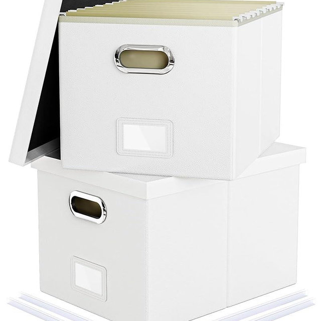 2 Pack File Storage Organizer, Portable File Box with Lid, Fit for Letter/Legal File Folder Storage, White (Leather) - Box only