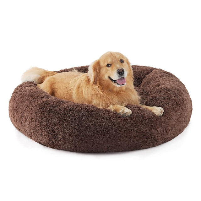 Bedsure Calming Dog Bed for Extra Large Dogs - Donut Washable Large Pet Bed, Anti-Slip Round Fluffy Plush Faux Fur Dog Bed, Fits up to 120 lbs Pets, Coffee, 45 inches