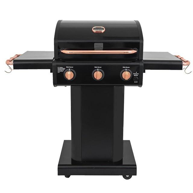 Kenmore 3-Burner Gas Grill | Foldable Side Tables, Cast Iron Cooking Grates, Warming Rack, Hooks for BBQ Grilling Tools, Propane Gas Barbecue Grill, 30,000 BTUs, Black with Copper Accent