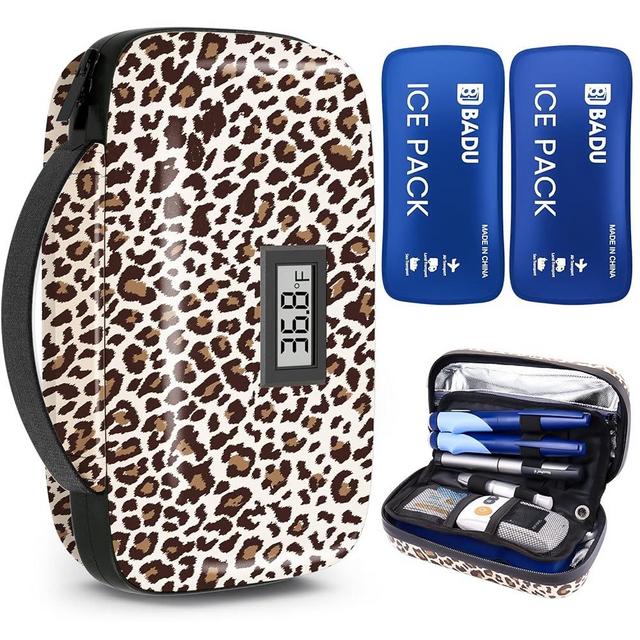 Insulin Cooler Travel Case TSA Approved, Diabetic Medication Cooling Bag with Temperature Display for Travel and Daily Use, 2 Ice Pack, Leopard