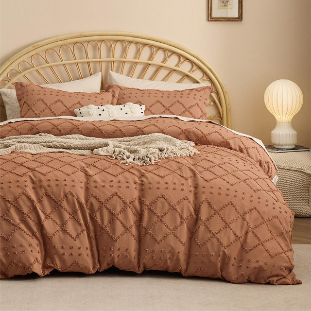 Duvet Cover Set Solid Embroidery 3Pcs King Size Burnt Orange Bedsure