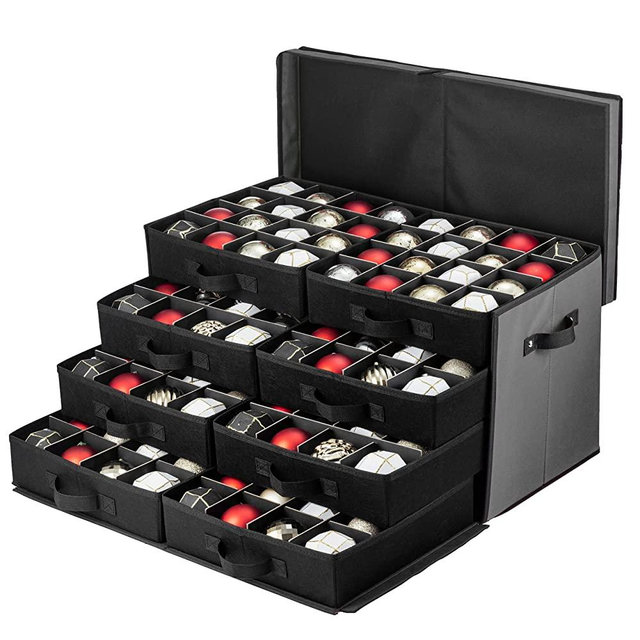 Zober Premium Large Christmas Ornament storage Box, with Side Open, Drawer Style Trays - 3" Compartment, 8 Trays, Keeps 128 Holiday Ornaments & Xmas Accessories, Storage Container Made Of 600D Oxford Fabric