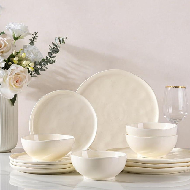 GBHOME Ceramic Dinnerware Sets for 4, 12 Pieces Porcelain Lightweight Plates and Bowls Sets, Scratch Resistant Dish Set, Oven & Microwave & Dishwasher Safe, Beige Speckled