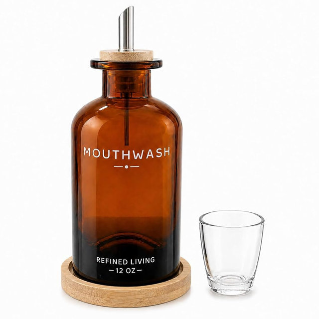 Mouthwash Dispenser for Bathroom, 12 OZ Refillable Glass Mouthwash Bottle with Cup and Bamboo Tray, Decorative Mouth Wash Dispenser Set for Bathroom (Amber)