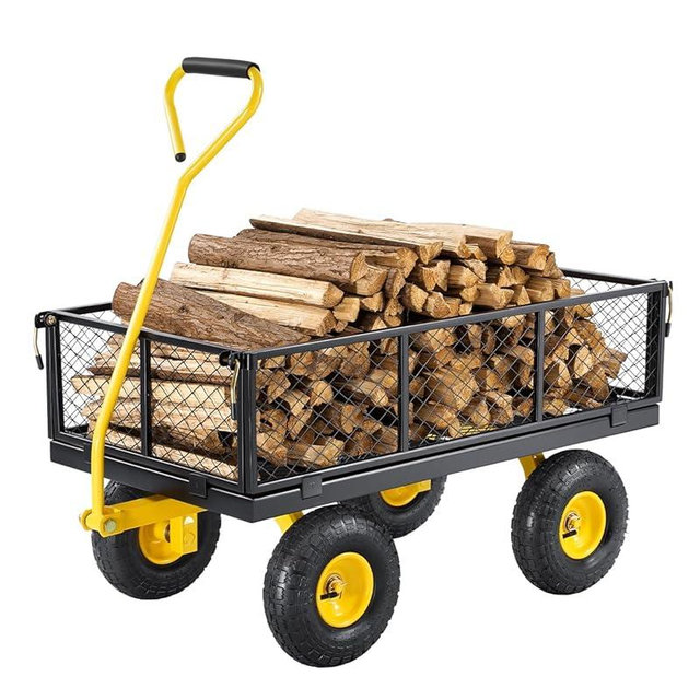 VEVOR 900 Lbs Heavy Duty Steel Garden Cart, Garden Wagon Cart on Wheels, Outdoor Metal Yard Utility Wagon Carts with 10" Tires and Mesh Removable Sides(Convert to Flatbed) and 180°Rotating Handle