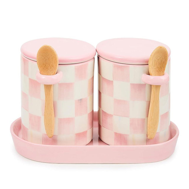 MACKENZIE-CHILDS Set of 2 Ceramic Farmhouse Canisters, Kitchen Storage Containers with Lids, Pink-and-White Rosy Check