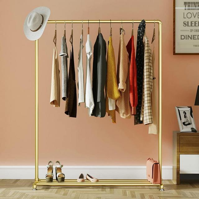 Industrial Pipe Clothing Rack Garment Rack with Bottom Shelf Heavy Duty Clothes Rack Hanging Rack Closet Organizer for Bedroom,Retail(Gold)