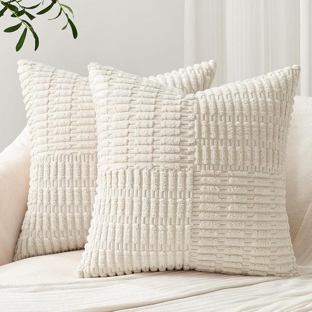 Topfinel Cream Throw Pillow Covers 20x20 Inch Set of 2 Modern Farmhouse Home Decor Pillow Covers for Spring Sofa Living Room Couch Bed Soft Corduroy Textured Boho Striped Patchwork Cushion Cases
