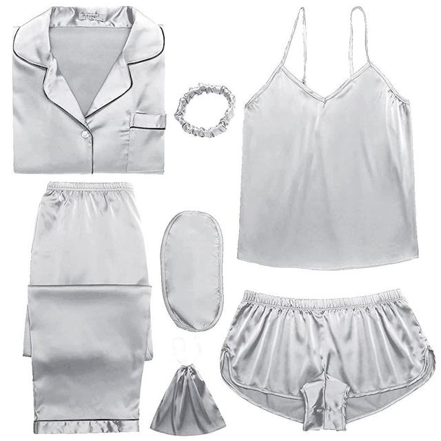 Ekouaer Silk Pajamas Gift Set Women 7pcs Satin Sleepwear Sexy Camisole Shorts Lingerie/Button Down Long Sleeve Pjs