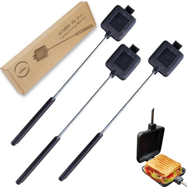SUMPRI Pie Iron Set – Large Cast Iron Sandwich Maker for Camping, 3-Piece Camp Pie Cooker, Campfire Grilling & Outdoor Cooking Equipment