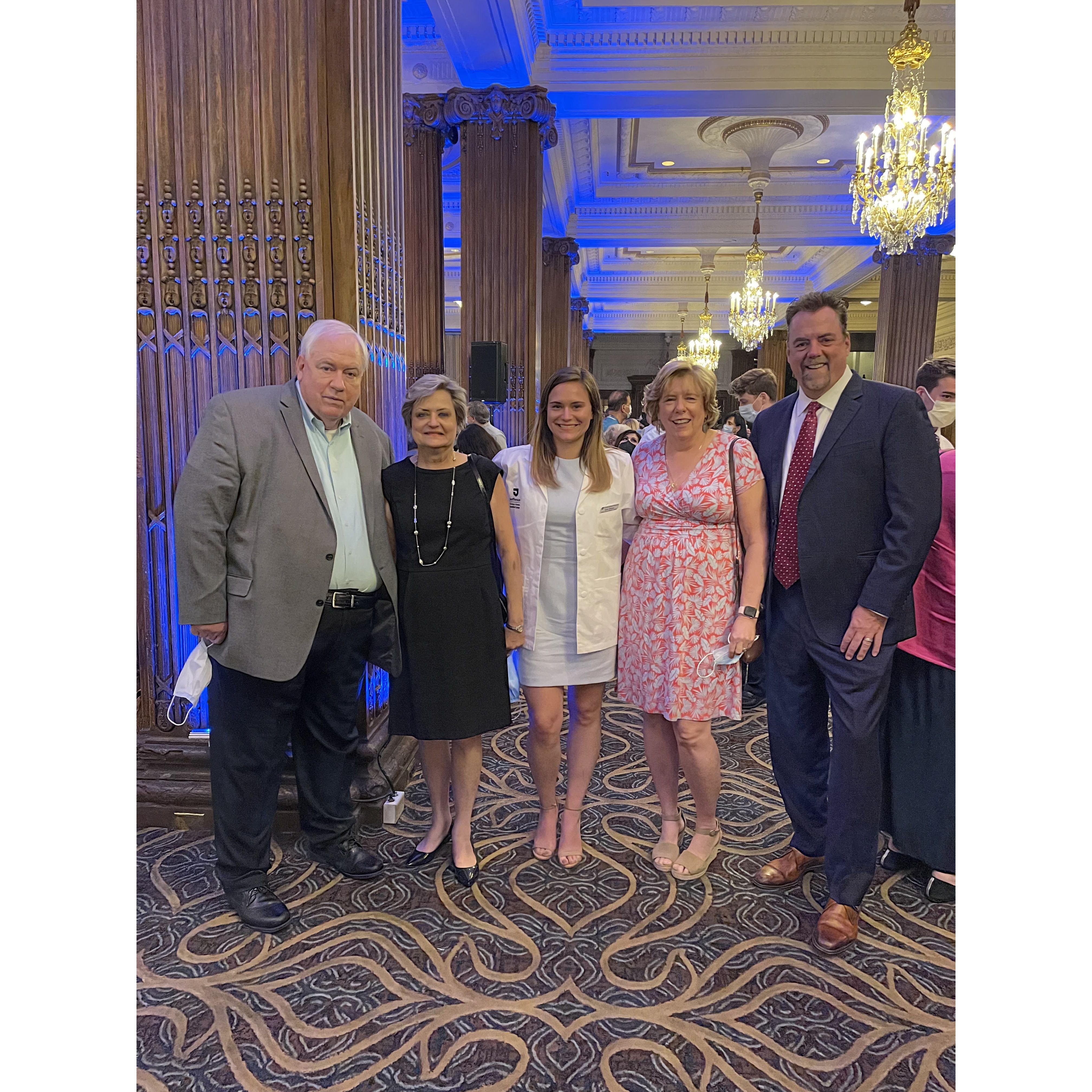 Sarah White Coat cermony at the beginning of her first year of medical school.  Pictured left to right her father, mother, Sarah, Aunt Kathy, Uncle Arnie