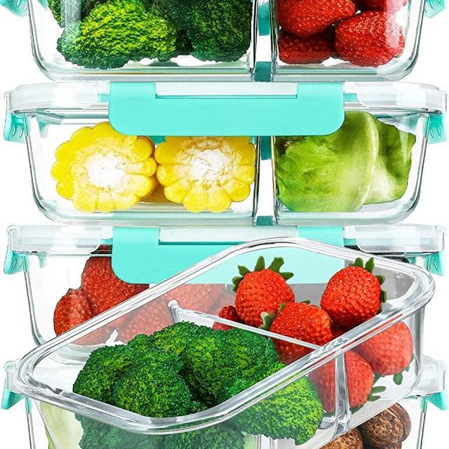 [5-Pack,36 Oz]Glass Meal Prep Containers 2 Compartments Portion Control with Upgraded Snap Locking Lids Glass Food Storage Containers, Microwave, Oven, Freezer and Dishwasher (4.5 Cups, Green)