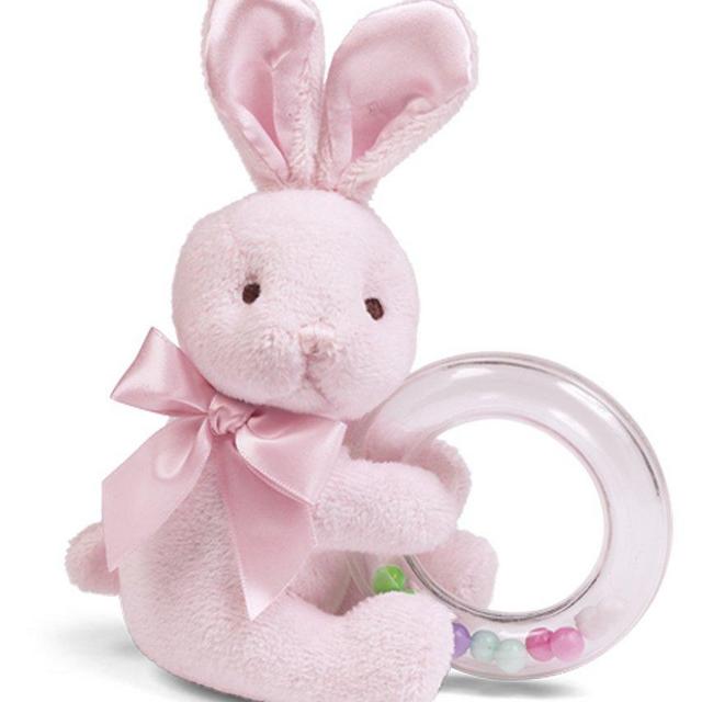 Bearington Baby Cottontail Plush Stuffed Animal Pink Bunny Shaker Toy Ring Rattle, 5.5"