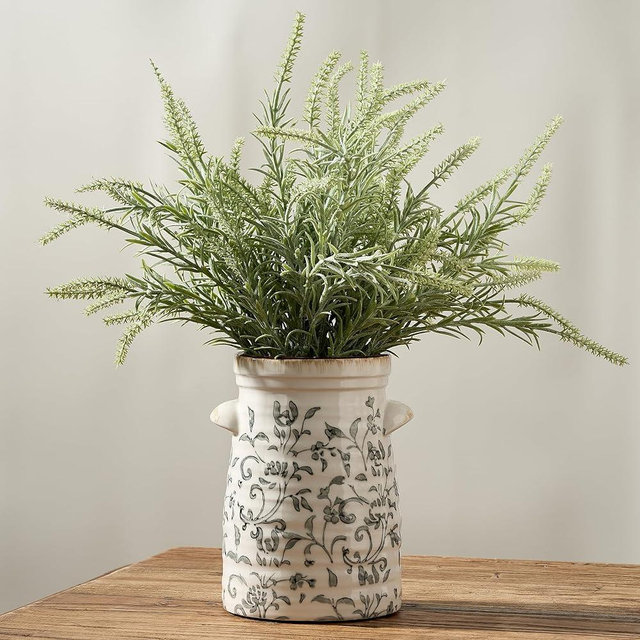 SIDUCAL Ceramic Gray and White Vase with 2-Ear, 8 Inch Ice Cracked Vintage Pastoral Vase, Rustic Farmhouse Vases for Home Decor, Table, Living Room, Shelf Decor, Chinoiserie Decor, Gray Floral Pattern