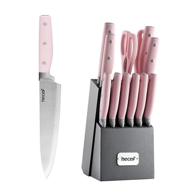 hecef Kitchen Knife Block Set, 14 Pieces Knife Set with Wooden Block & Sharpener Steel & All-purpose Scissors, High Carbon Stainless Steel Cutlery Set (Pink)