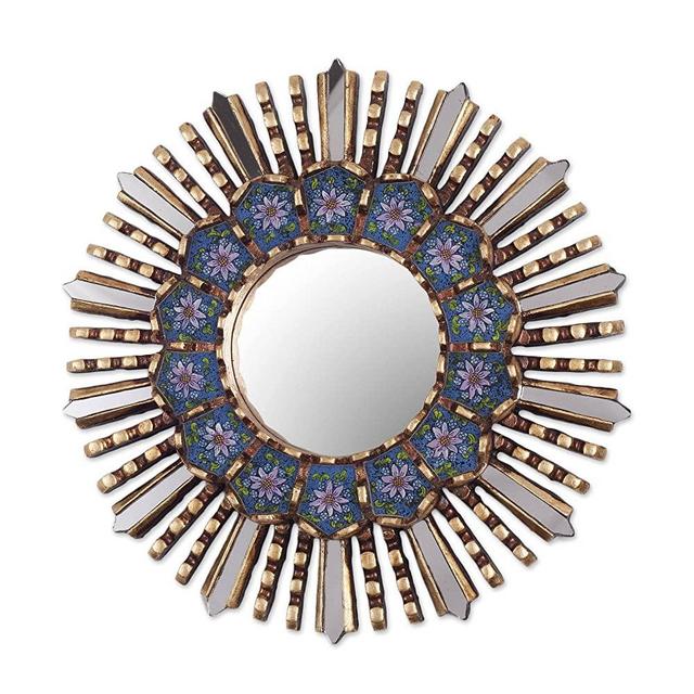 NOVICA Blue Floral Reverse Painted Glass Bronze Leaf Sunburst Star Wall Mirror, Cuzco Blue'
