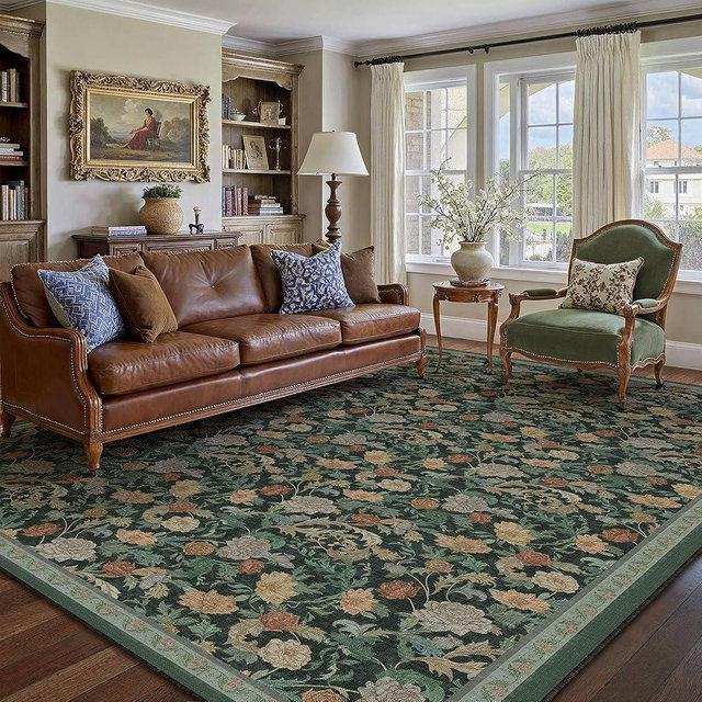 HUGEAR Retro Area Rugs 6x9 Washable Living Room Bedroom Rugs Vintage Floral Throw Carpet Dark Green Stain Resistant Non Slip Low Pile for Home Aesthetic Modern Decor
