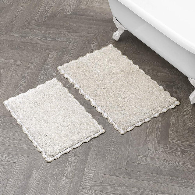Laura Ashley Heathered Crochet Border 100% Cotton 17"x24" / 20"x32" 2-Piece Skid-Resistant Bath Rug Set, Taupe Sandshell