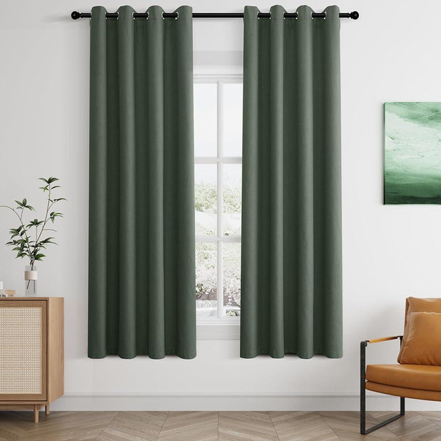 Jowels Olive Green Linen Blackout Curtains 63 Length 2 Panels Set for Living Room Bedroom, 100% Black Out Thermal Insulated Linen Drapes, Room Darkening Grommet Curtains 63 Inches Long