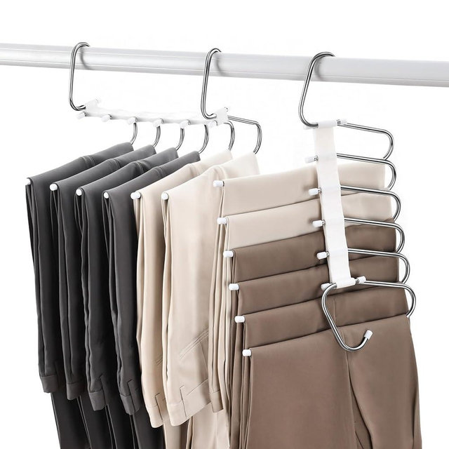 Upgraded Pants Hangers Space Saving, 6 Layers Clothes Rack, Stainless Steel Multifunctional Closet Organizer, Non Slip Metal Hangers for Pants Jeans Skirts Trousers (4 Pack)