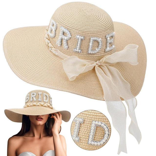 Cozypower Bride Sun Hat Wide Brim Straw Floppy Bride Beach Hat for Women Bridal Honeymoon Wedding Party Engagement