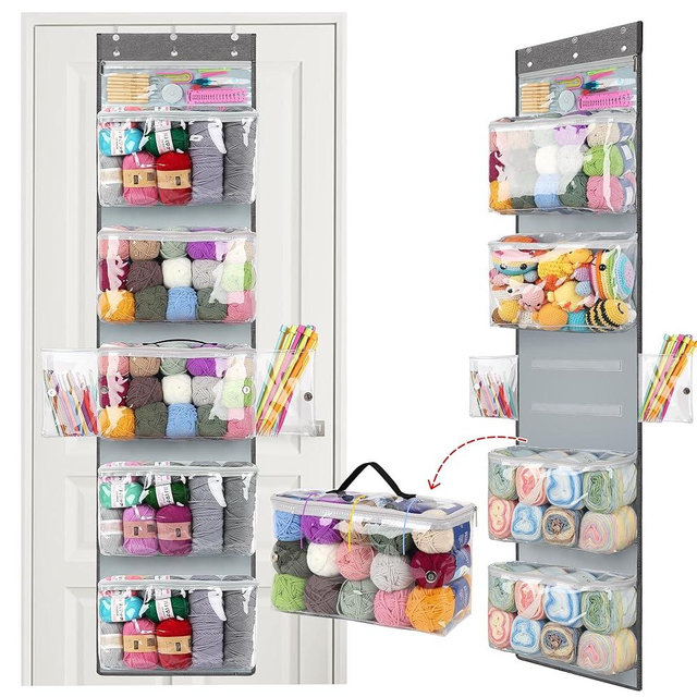 Katech Hanging Yarn Storage Organizer, Over The Door Storage w/Large Capacity Knitting Bag, Yarn Organizers with 6 Zipper Closure Compartments & Detachable Crochet Bag for Yarns Enthusiasts