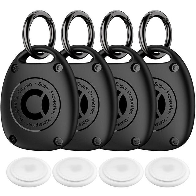 (4 Pack) AirTag Keychain Holder Case | IPX8 Waterproof, Ultra-Compact | Portable Air Tag Holder Cover for Backpack, Keys, Luggage - Black