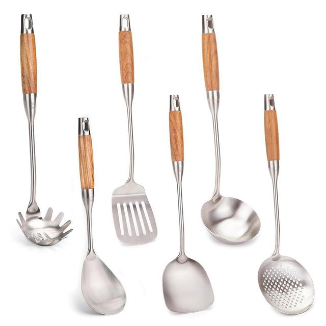 FJNATINH Wok Utensils for Carbon Steel, Stainless Steel Wok Spatula Metal Set, 6-Pieces 13-15 Inch Extra Long, Wok Tools Professional Set, Wooden Handle Skimmer, Soup Ladle, Slotted Turner